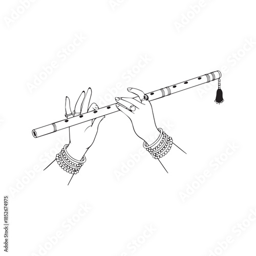 Lord Krishna hands playing flute line art drawing. Indian classical music instrument bansuri vector illustration. Traditional hands with jewelry sketch.
