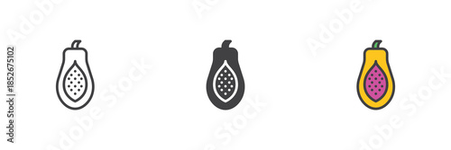Papaya fruit line, solid and colorful different style icon set pack