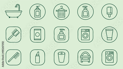 Set of round and square framed vector line icons for bathroom and hygiene products, clean and modern graphic elements