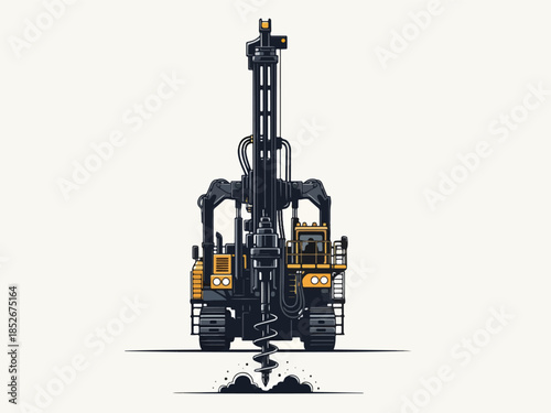 Stylized illustration of a large crawlermounted blast hole drill rig operating