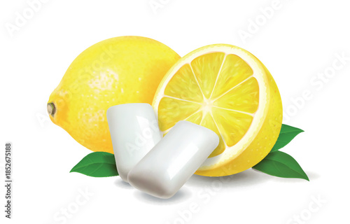 Lemon chewing gum. Bubble gum with lemon citrus flavor. Chewing pads with fresh ripe lemon fruit, realistic advertising poster. Isolated 3d vector illustration