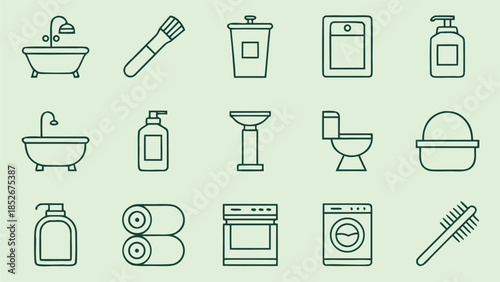 Bathroom and hygiene outline icons showing bathtub toilet soap dispenser washing machine and cleaning tools on green backdrop