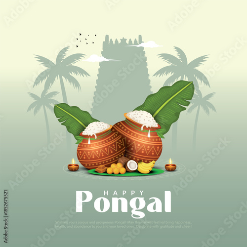 Vector illustration of Happy Pongal Holiday Harvest Festival of Tamil Nadu South India greeting vector background