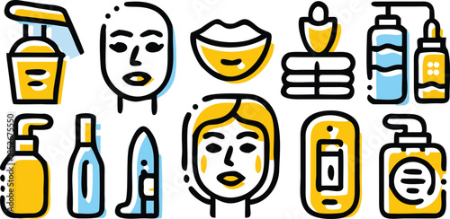 Set of beauty and cosmetics linear icons with face care products makeup accessories and skin treatment essentials collection