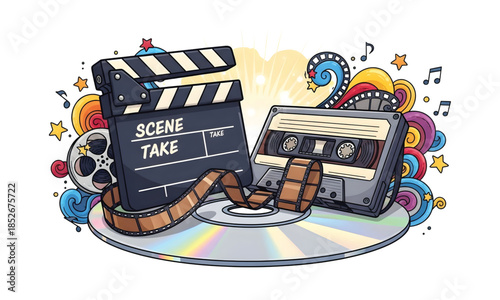 Creative Multimedia Production Illustration Featuring Cinema Movie Clapperboard, Vintage Cassette Tape, Film Reel, and DVD with Colorful Artistic Swirls