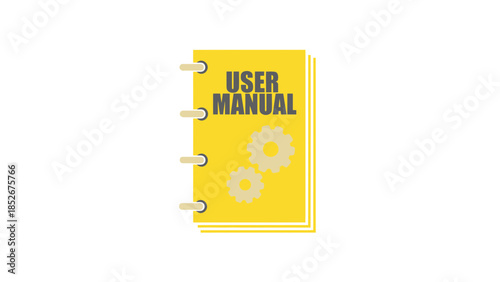 Yellow user manual book with gears and instructions for operation and maintenance