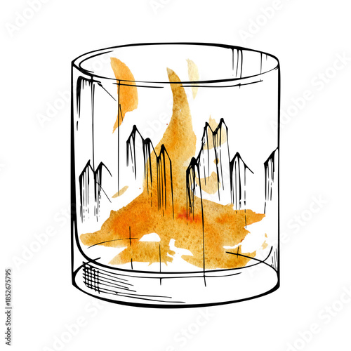 Orange juice, tea or amber cocktail like aperol spritz, old-fashioned, negroni in rocks tumbler crystal glass. Hand-drawn watercolor and ink illustration for bar menu, recipe cards, product labels.