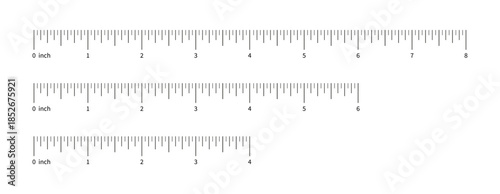 Ruler scale set, measuring chart with 4 inches, 8 inches and 6 inches. Length measurement distance, height, math. Template of sewing tool.