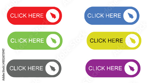 Colorful Click Here Buttons in Various Shapes and Sizes for Websites