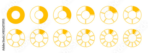 Wheel round yellow divided diagrams with twelve segments. Circle division on 1 2 3 4 5 6 7 8 9 10 11 12 qual parts. Coaching yellow blank. Infographics set.