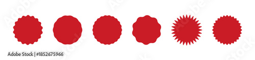 Red circle sticker set. Star burst shape tags for price, shop. Wavy edge promo green badges. Blank sale stickers collection, simple silhouette. Flat vintage red labels. Graphic illustration.