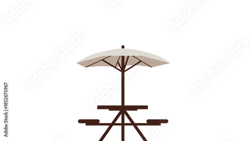 Brown wooden picnic table with white umbrella on clean background