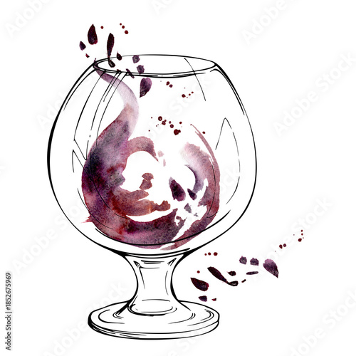 Red wine, sangria or berry grape fruit juice swirl splashing in balloon glass with splatter drops. Hand-drawn ink and watercolor isolated illustration. Summer menus, digital wallpapers, cafe branding.