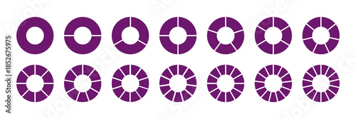 Circle division on 1 2 3 4 5 6 7 8 9 10 11 12 13 14 equal parts. Wheel purple round divided diagrams with fourteen segments. Coaching blank. Infographic set.