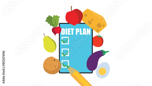 Diet plan concept with healthy food and checklist on clipboard illustration