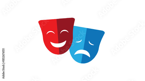 Theatrical comedy and tragedy masks in red and blue colors symbolizing emotions