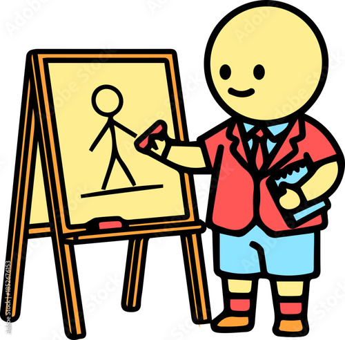 Cartoon kid drawing stick figure on easel board creatively