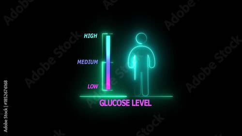 Glucose Level Health Indicator with Human Icon and Digital Neon Scale Showing Blood Sugar Measurement and Medical Monitoring.