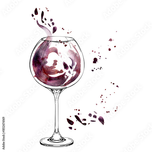 Sangria, berry or grape fruit juice splash in tall wine balloon glass with splatter drops. Isolated hand drawn illustration in ink and watercolor. Kitchen prints, bar branding, and digital assets.