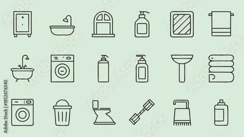 Set of 15 bathroom and toilet icons featuring essential items such as bathtub, soap dispenser, mirror, and washing machine