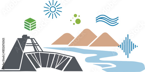 Stylized illustration of an industrial structure river mountains and various abstract icons