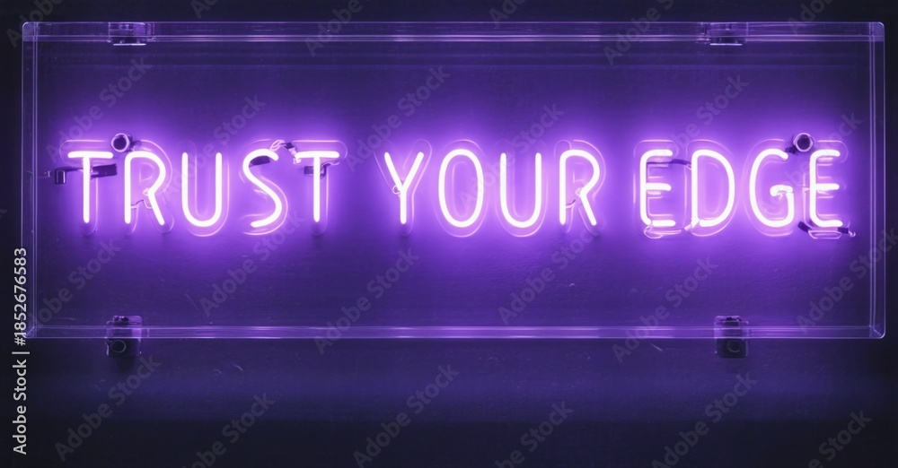 Fototapeta premium Purple neon sign displays text TRUST YOUR EDGE within clear rectangular frame. Dark background enhances glowing illumination. Simple, motivational message.