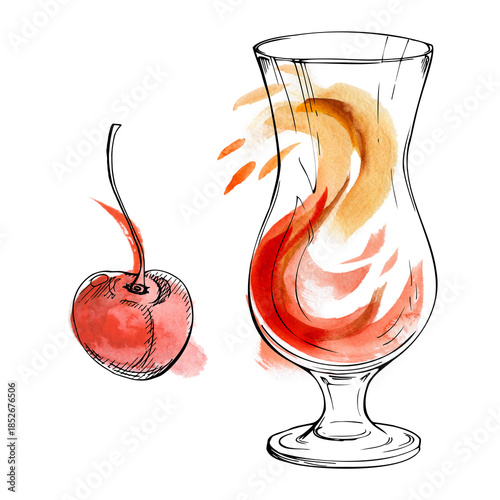 Mai Tai, aperol spritz, tequila sunrise exotic cocktail, fruit or berry juice in hurricane glass with cherry garnish. Watercolor and ink hand drawn illustration for tropical bar themes and packaging.