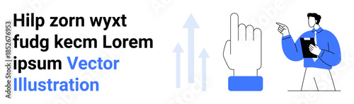 Business growth, market analysis, data trends, leadership, strategy, education. Arrows pointing upward, hand icon person with clipboard. Business growth and market analysis theme