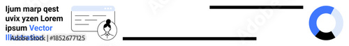 Web design, user interface, digital profiles, communication, branding, analytics. Elements include a profile icon, a web page interface and a circular graphic. Web design and user interface concept