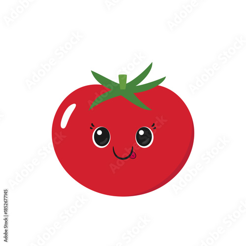 Cartoon tomato character in flat vector slyle. Friendly tomato mascot symbolizing ketchup and tomato paste. Happy smiling face, emotions joy delight, big eyes, kawaii style.