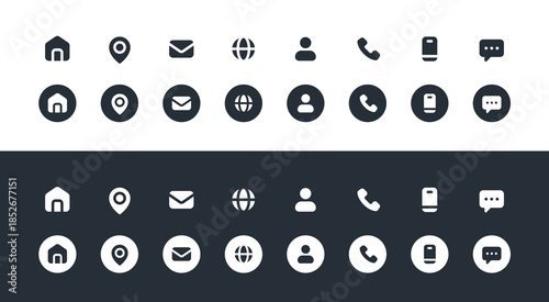Contact Icons Set: Home, Phone, Mobile, Email, Address, Location, Website, Fax, Globe, – Vector Collection. Contact Us Linear Vector icons.