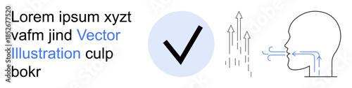 Authentication, approval, verification, data analysis, respiratory system, infographic design. Checkmark inside circle with breath and arrows. Authentication and approval concept