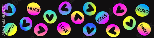 Vibrant round Valentine icons with hearts and love messages in neon colors on dark background. Ideal for stickers, social posts, and romantic decorative designs