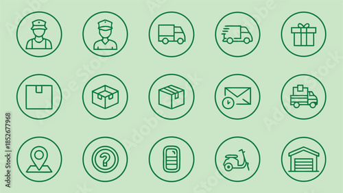 Delivery crew, various package types, and essential logistics symbols are presented, illustrating efficient shipping services