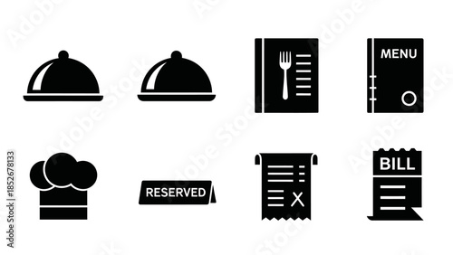 Restaurant and food service black silhouette icons for dining, menu, and reservations