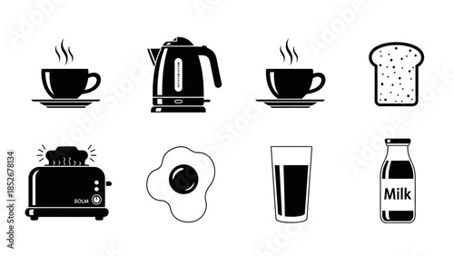Essential breakfast icons: a collection of morning food, drink, and appliance symbols