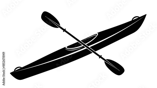 Black silhouette of a kayak with a paddle, perfect for water sport designs and logos