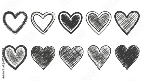 Collection of hand drawn sketchy heart shapes representing love and emotion