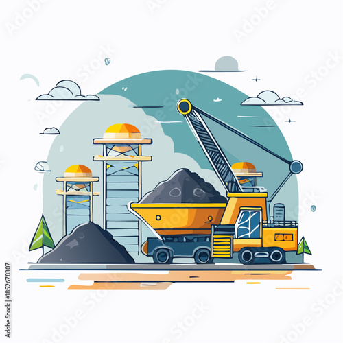 Excavator Operating in Mining Site, Vector Illustration of Industrial Machinery at Work