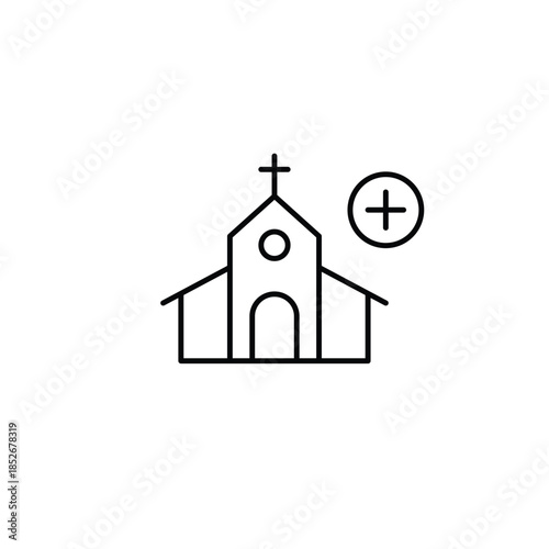 Community growth, parish support. Church and plus symbol. Pixel perfect, editable stroke vector icon