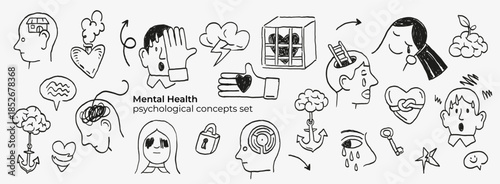 Mental health doodle icon set illustrating psychological concepts, emotions, anxiety, depression, therapy, self care and inner state. Minimal black line art for editorial, apps, blogs.