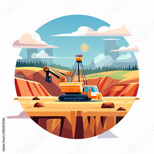 Excavator and haul truck operating in an open-pit mine with industrial equipment, vector illustration