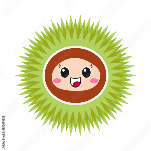 Chestnut in burr, cute and fun cartoon character, tasty nut, big eyes, happy smiling face, emotions joy delight, kawaii style, icon vector illustration.