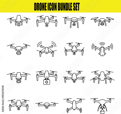 Drone icons in various flying positions and uses