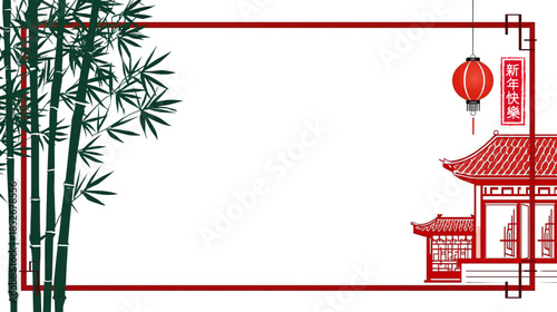 Festive Chinese New Year Illustration with Bamboo, Traditional Architecture, and Red Lantern Frame