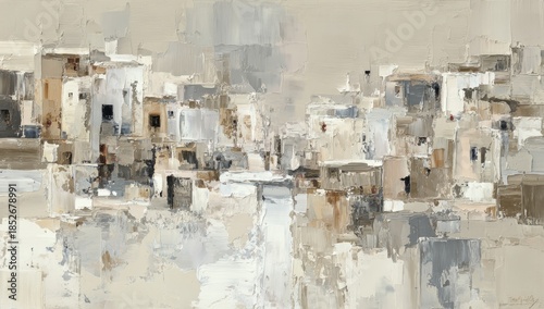 Panel kuchenny z motywem Abstract painting depicts a sunlit village, showcasing soft brushstrokes and muted tones