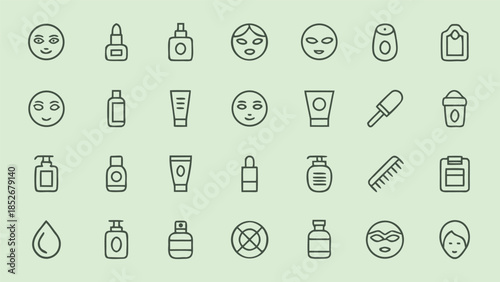 assortment of skincare and cosmetic line icons presented on light green background vector