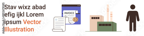 Business operations, factory management, industrial production, workforce, document processing, economic processes. Icon of invoice, factory person symbol. Business operations and factory management