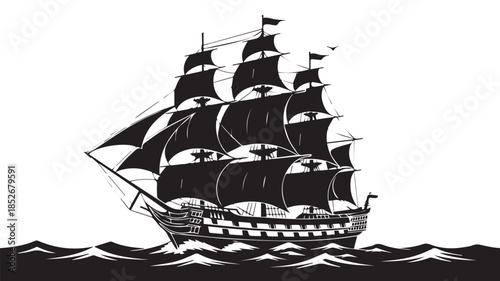 A black and white silhouette illustration of a tall sailing ship with three masts, set against a white background 