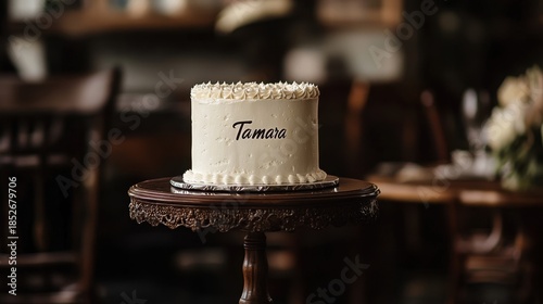 National Tamara Day Elegant white frosted cake with custom name in cozy setting
